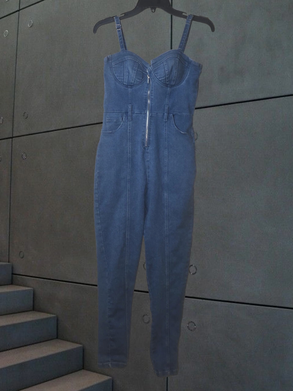 Denim BLVD Corset Bodice, Zip Front, Sweetheart Neckline & Skinny Leg Jumpsuit